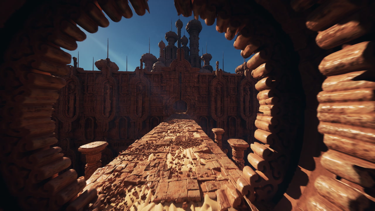 Sundrenched passageway showcases carved relics and mysterious shadows