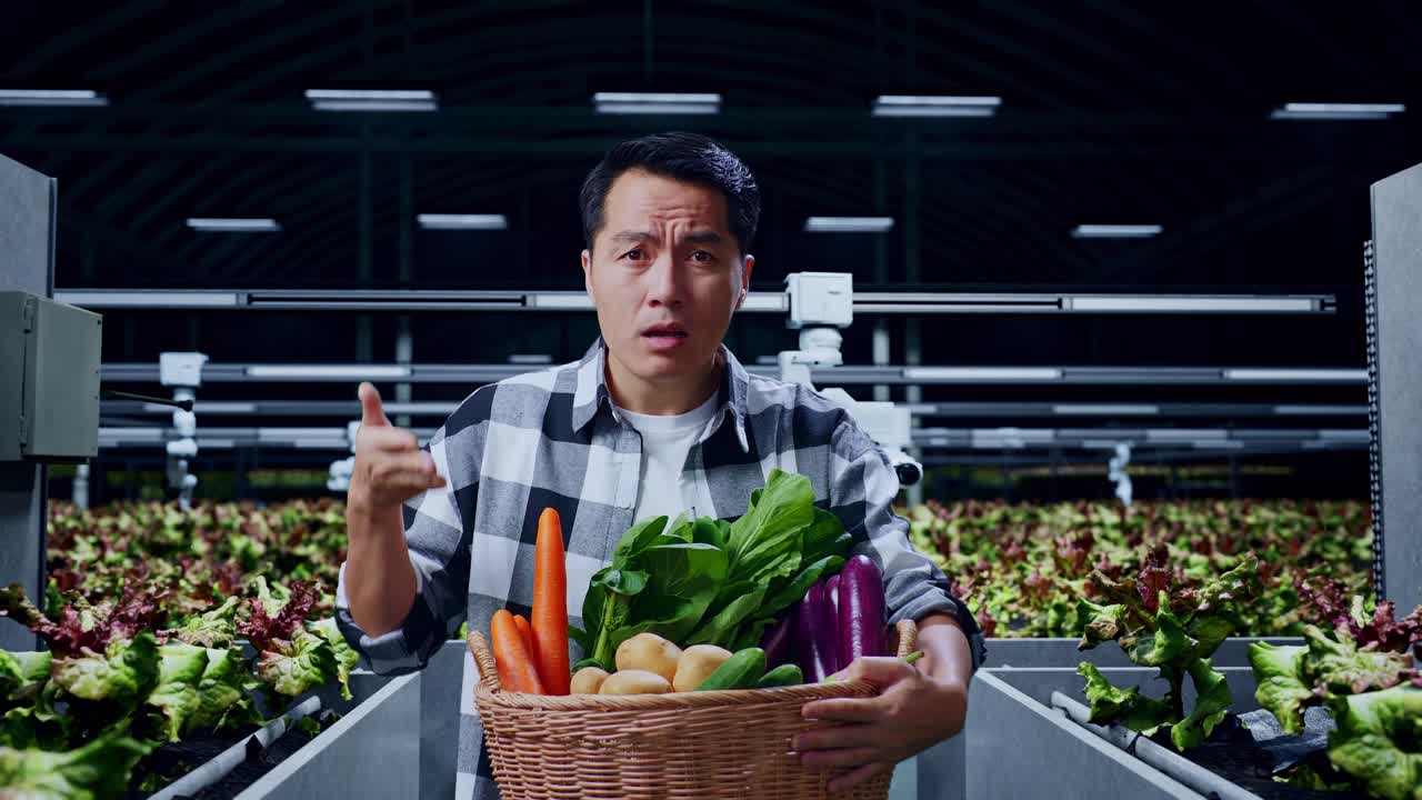야채 바구니를 들고 있는 아시아 남성 농부 는 당황 한 몸짓 을 보이고 스마트 농장 에서 무엇 을 말 하고 있다