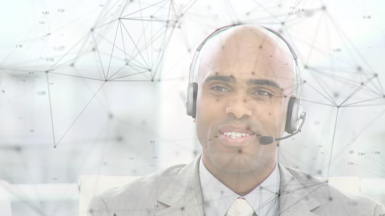 Animation of network of connections over businessman with headset in office