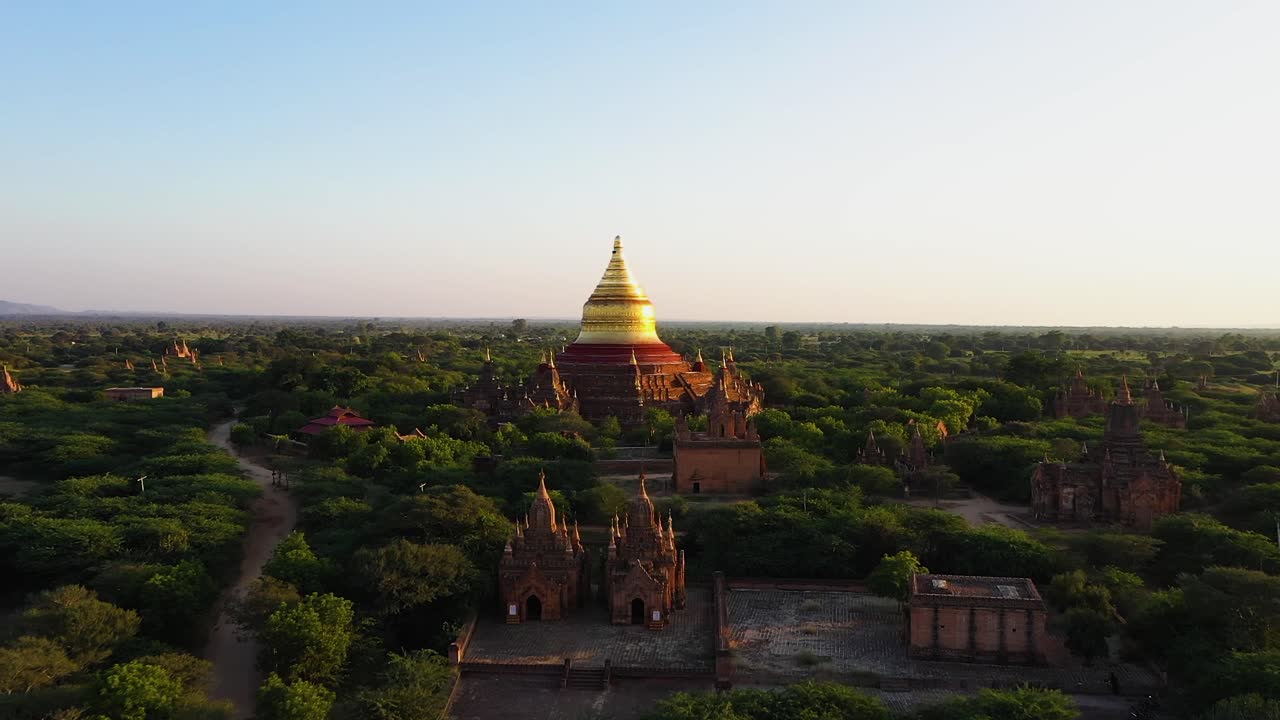 Volando sopra la bellissima e luminosa Pagoda Dhammayazika dorata, circondata da alberi rigogliosi e verdi in Myanmar - Ripresa aerea