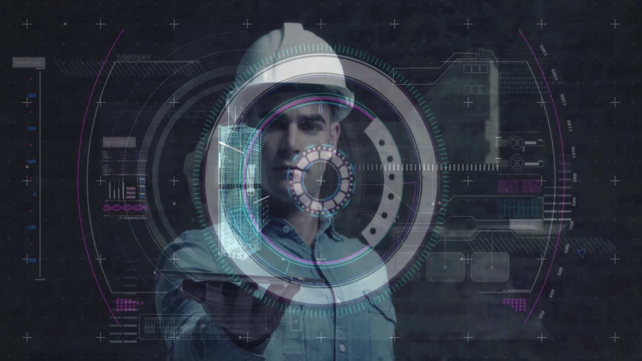 Scope scanning and data processing against 3d hologram over male architect holding digital tablet