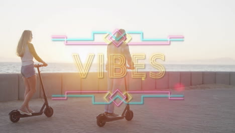 animación de vibraciones de texto de neón amarillo, sobre una pareja de vacaciones usando scooters en una playa soleada