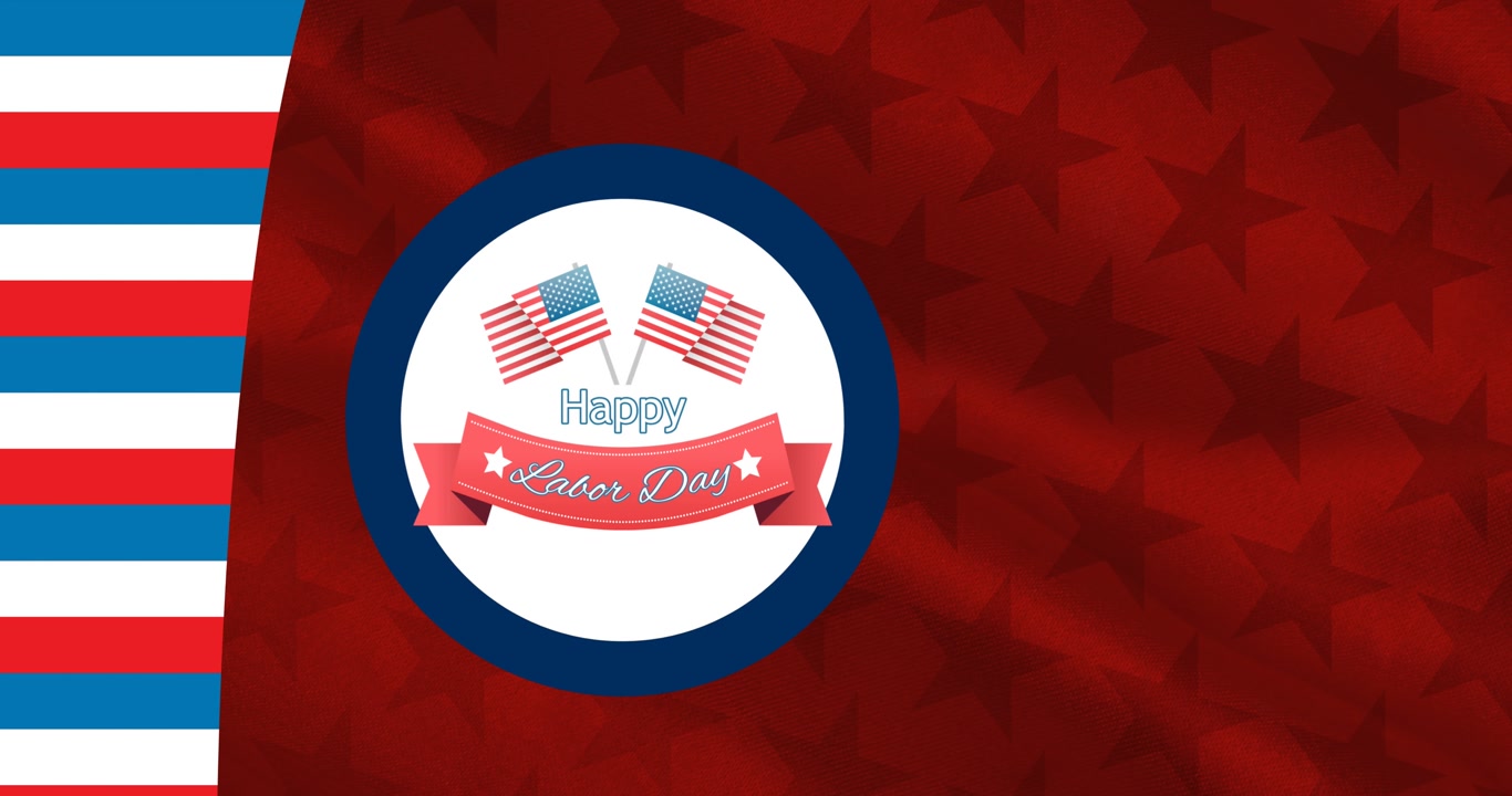 Animation of happy labor day in circle over red background with american stars