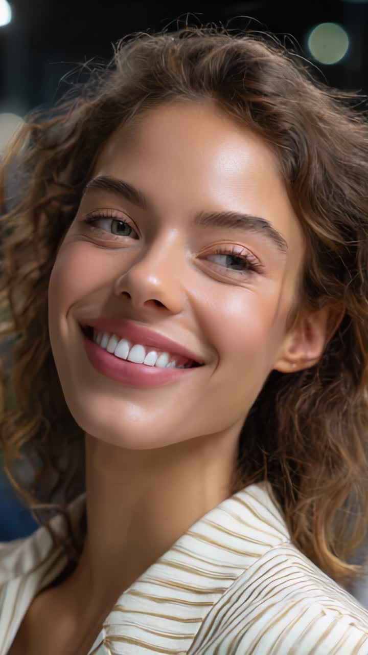 Radiant Smile and Joyful Expression of a Young Woman with Curly Hair ...