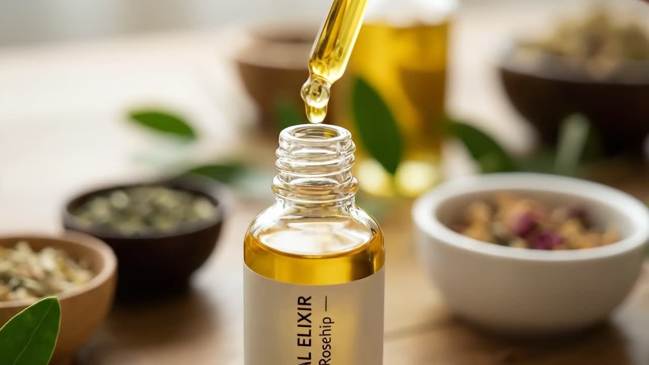 Close-up of Botanical Elixir Dropping into a Glass Bottle