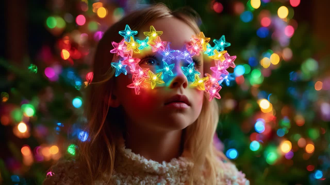 A young girl adorned with colorful star-shaped glasses reflects the enchanting glow of holiday lights, creating a magical atmosphere filled with wonder and joy during the festive season