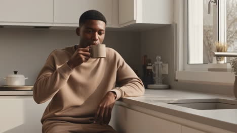 young man drinking coffee in a modern kitchen