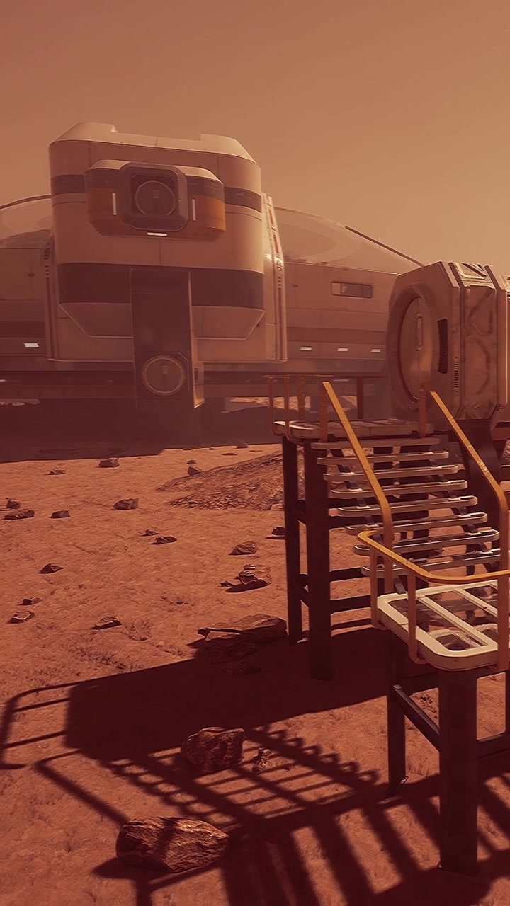 Space base on mars with landing platform and rocky surface nearby