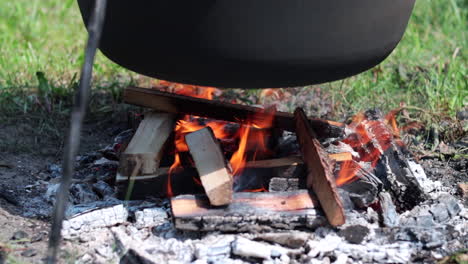 close up of wood fire heating large iron