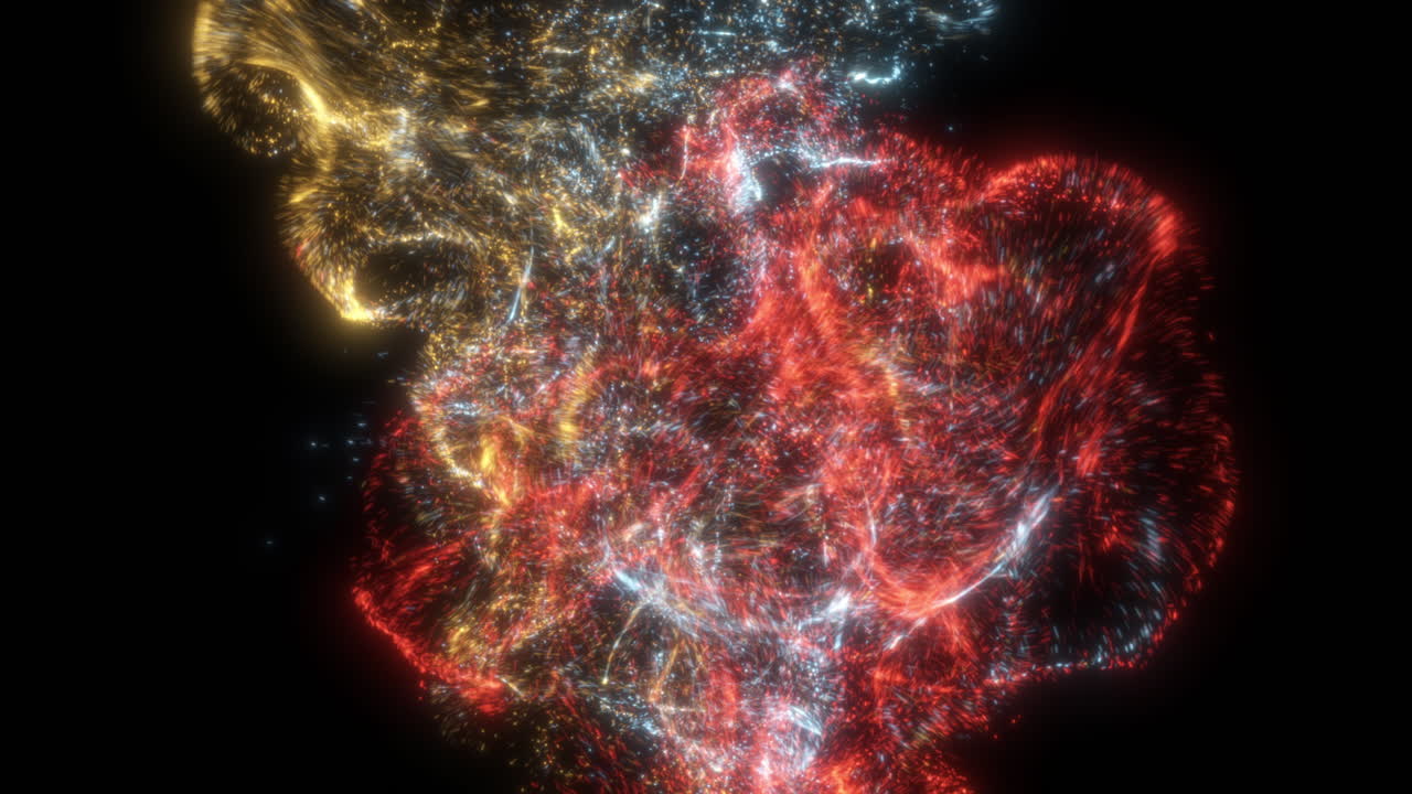 Glowing Fluid 3D Particles Clashing and Zooming Past Camera