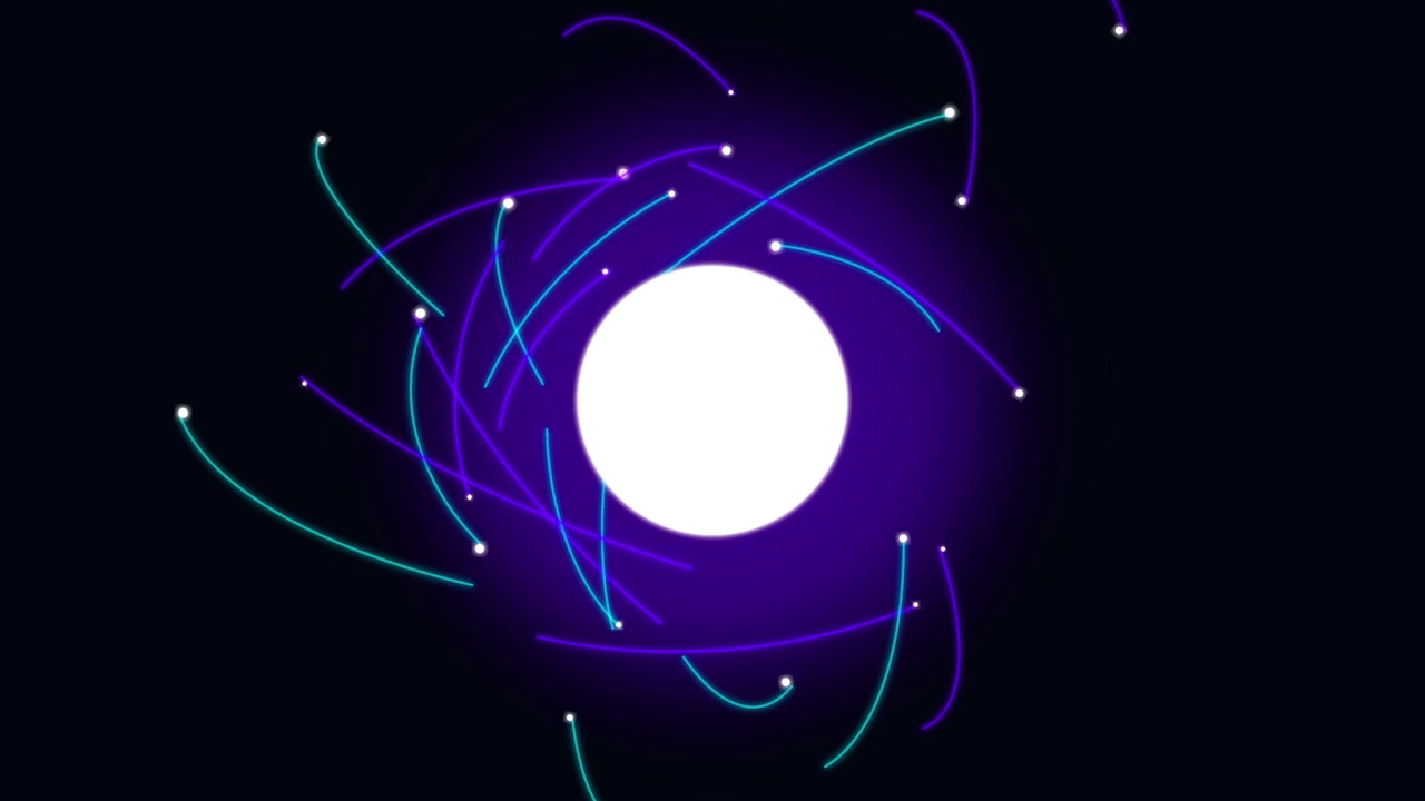 Animazione astratta di particelle luminose che orbitano attorno a una luce centrale.