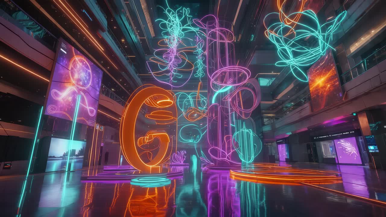 현대적인 건물에서 활기찬 네온 아트 설치