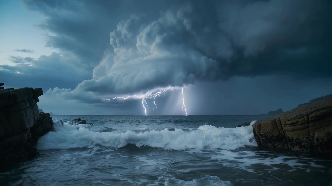 Advancing thundercloud, storm producing lightning strikes over rocky shore, waves crashing in pool