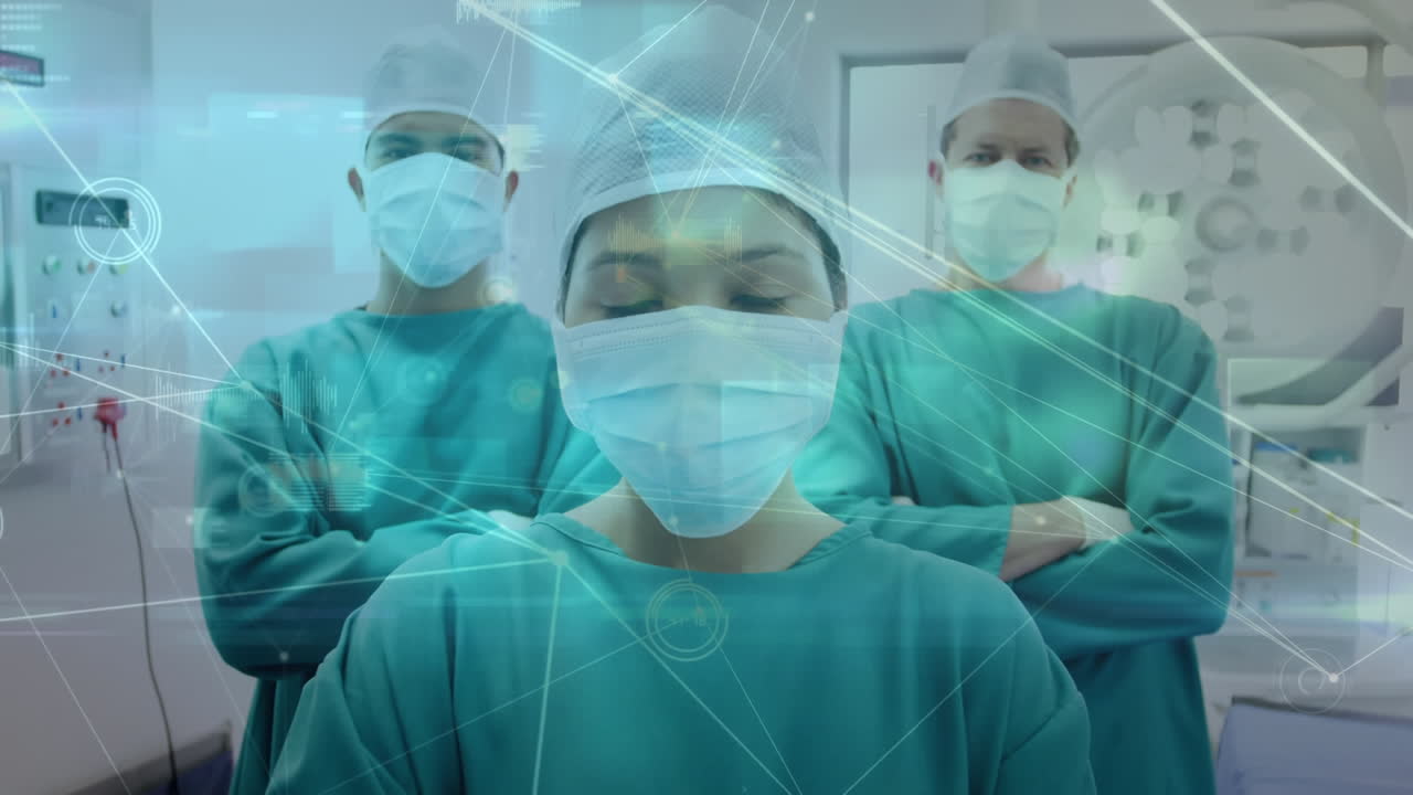 얼굴 마스크를 입은 외과 의사들에 대한 연결 네트워크의 애니메이션