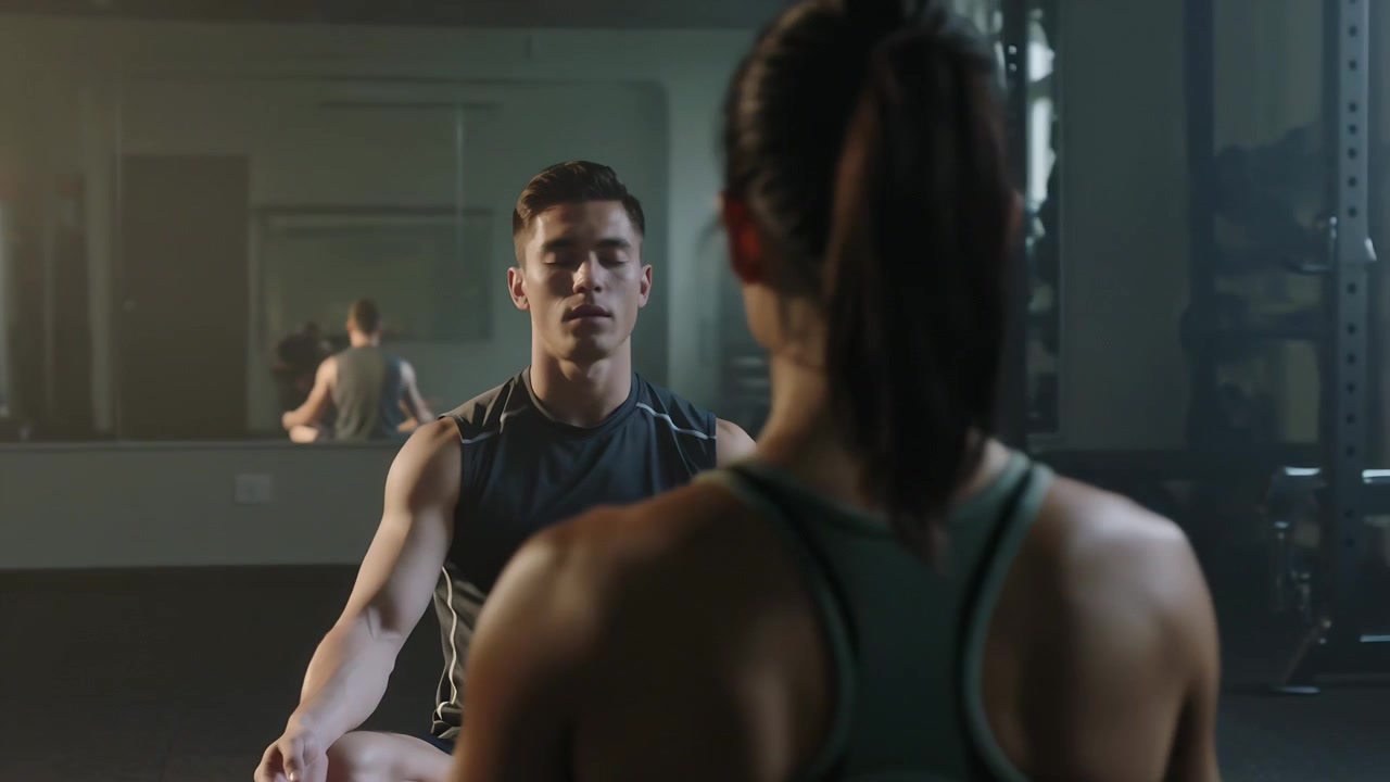 Breathing couple in sportswear after man's exhale, straightening to center focus at gym mirror