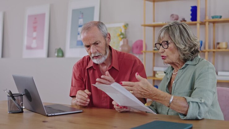 Senior couple reviewing financial documents at home