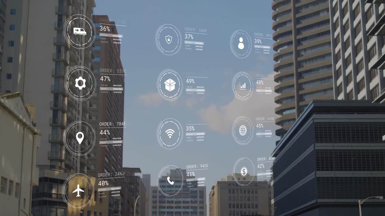 Animation of icons with data processing over cityscape