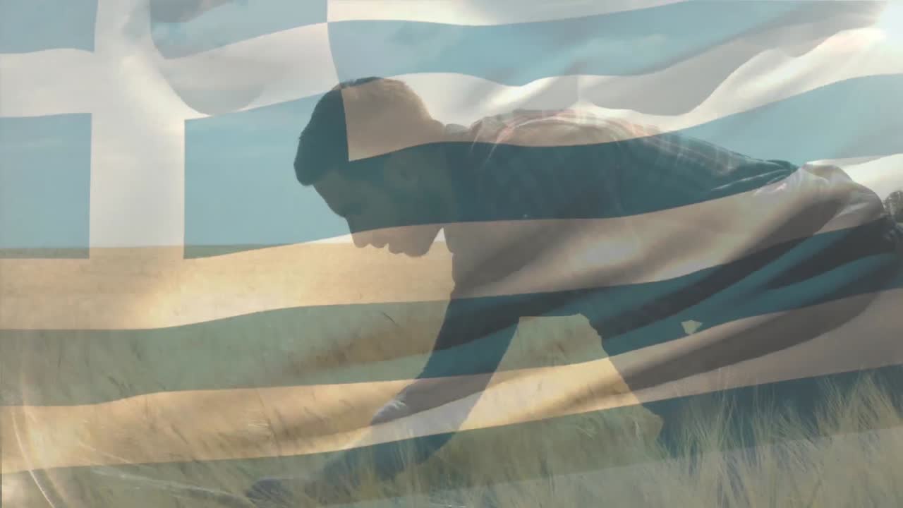 그리스 의 애니메이션  ⁇ 발 이 날아다니며 남자 농부 가  ⁇  에서 밀 을 검사 하고 있다