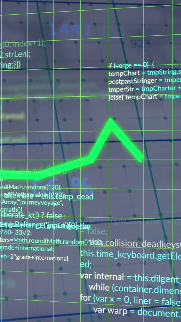 Animazione di grafici su linguaggio informatico con numeri e punti in cambiamento su sfondo bianco.