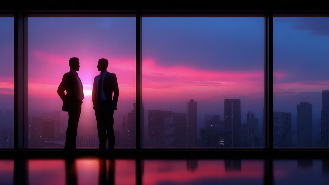 Dos hombres profesionales de pie, en silueta contra una impresionante vista del atardecer desde un rascacielos, que encarnan temas de contemplación, ambición y colaboración mientras los vibrantes colores del crepúsculo proyectan un cálido resplandor sobre el horizonte de la ciudad