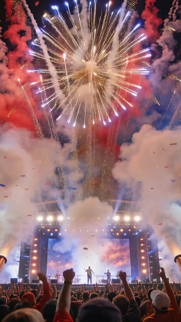 Vídeo vertical: Multidão aplaudindo assiste a artista com fogos de artifício explodindo em concerto, confetes caindo.