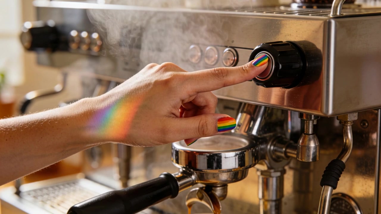 Premendo la punta del dito con un'unghia arcobaleno sul pomello illuminato della macchina da caffè espresso sopra il portafiltro al bancone del bar, rilasciando vapore.