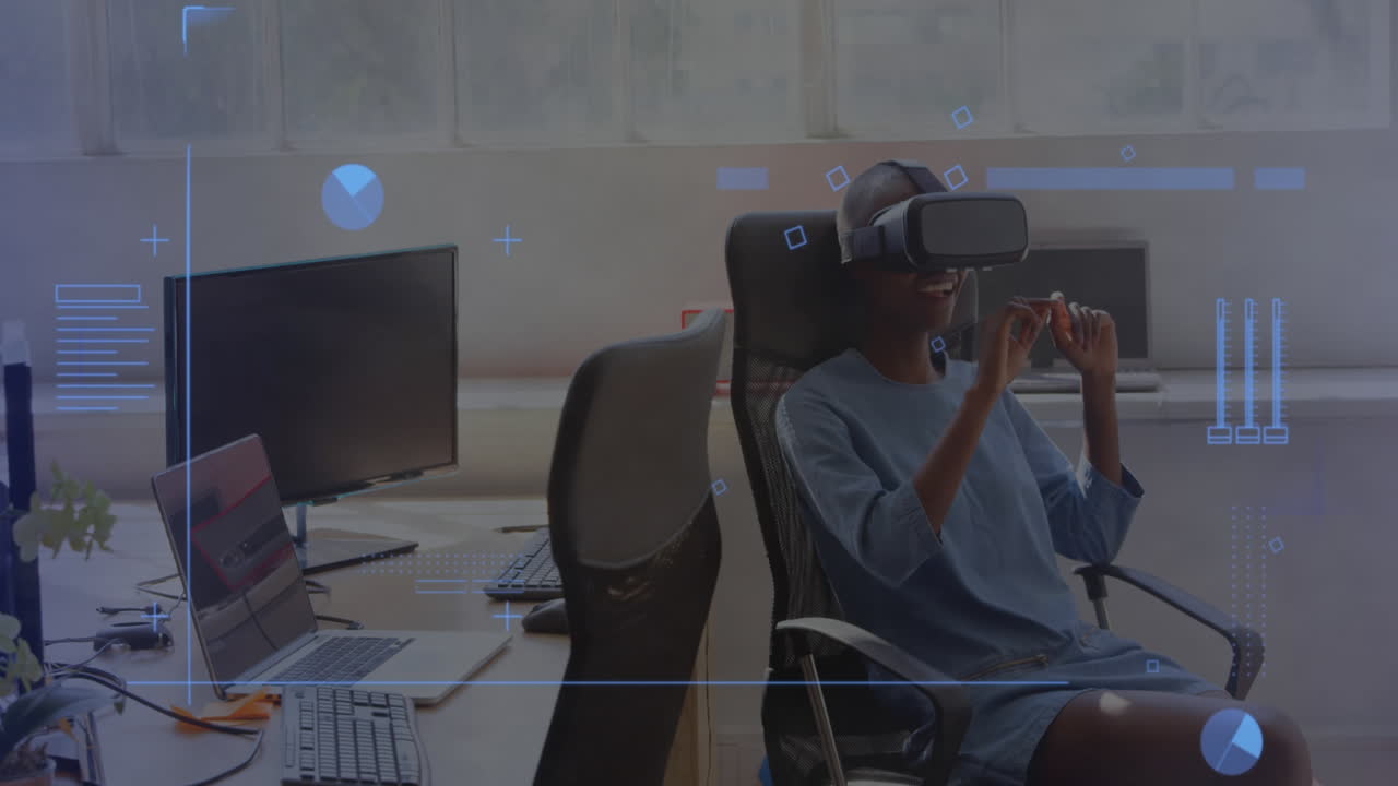 Animation of data processing on screen over businesswoman wearing vr headset and moving her hands
