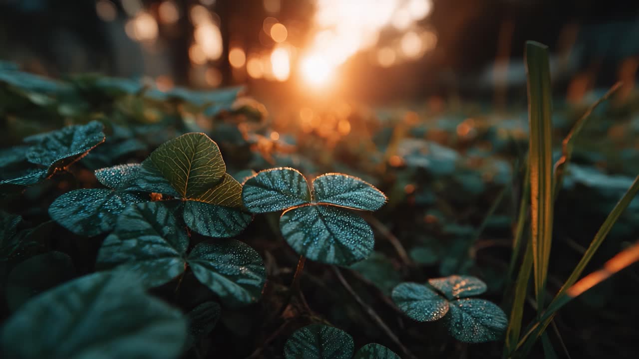 A Serene Morning: Dew-Kissed Clover Leaves Glistening in the Soft Glow of Sunrise, Capturing the Essence of Nature's Tranquility and Beauty