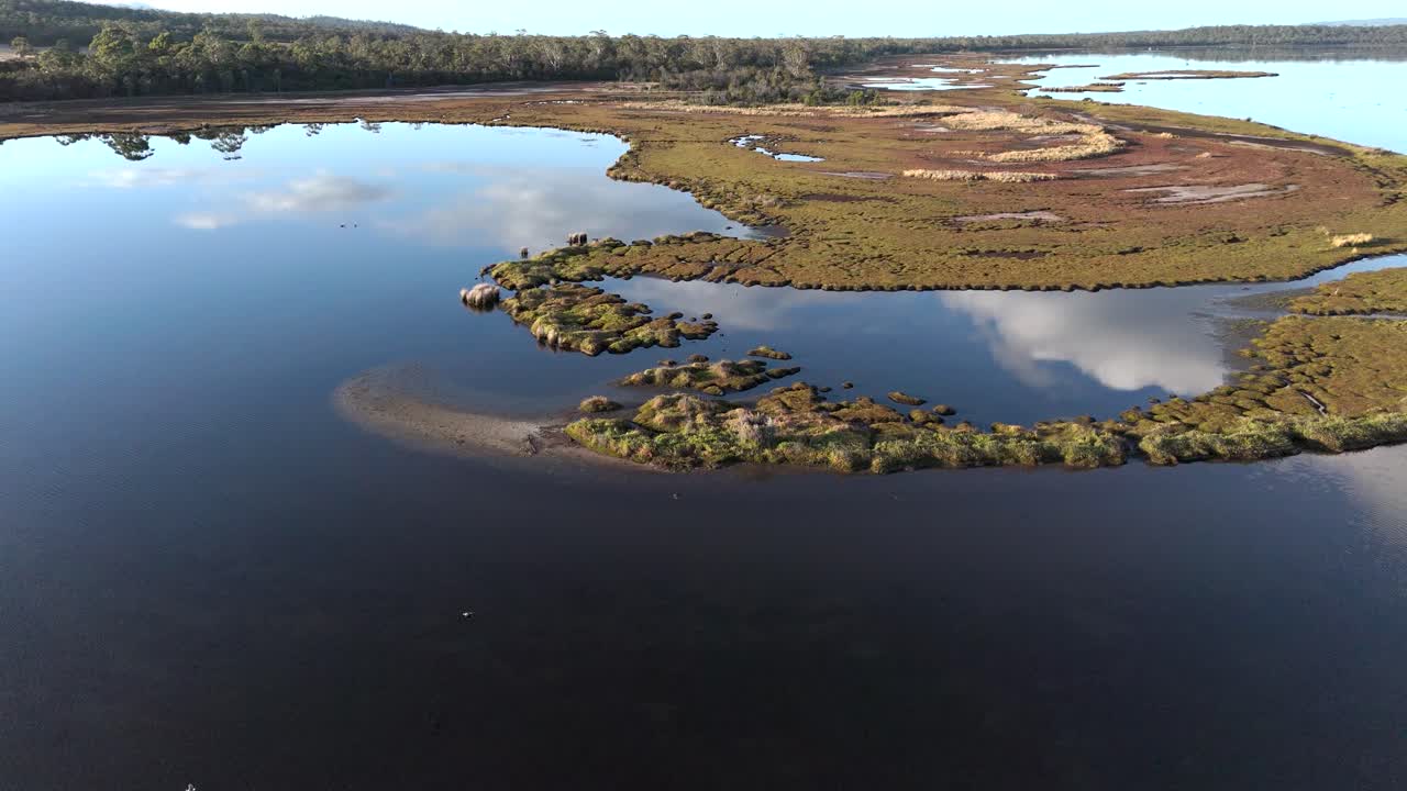 The water and islands of the Moulting Lagoon Game Reserve in Coles Bay