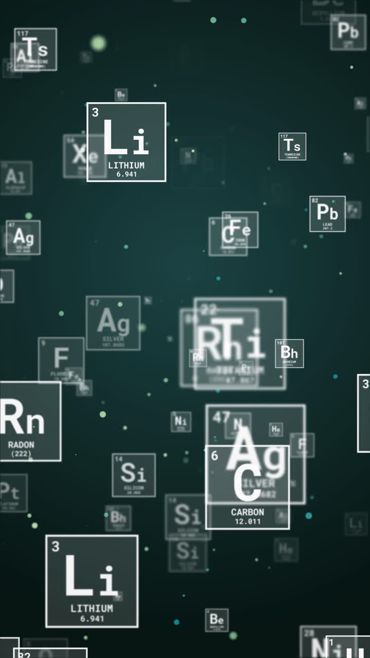 Dark green loop background float icon of chemical elements of the periodic table, atomic number. Vertical video.
