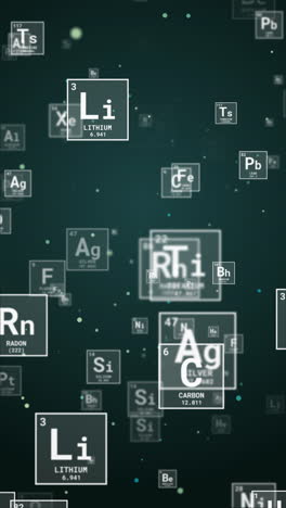 dark green loop background float icon of chemical elements of the periodic table, atomic number. vertical video.