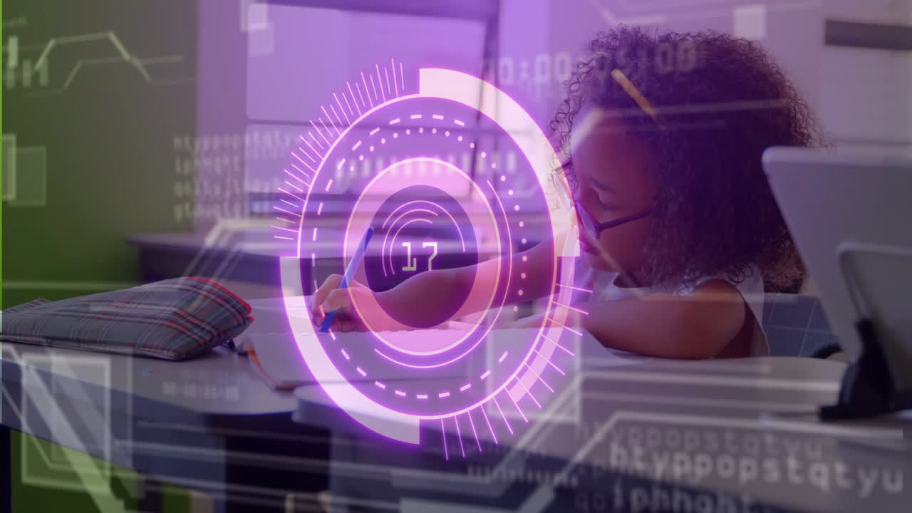 Girl writing at school desk prompted by worksheet, purple HUD overlay rotating without interacting