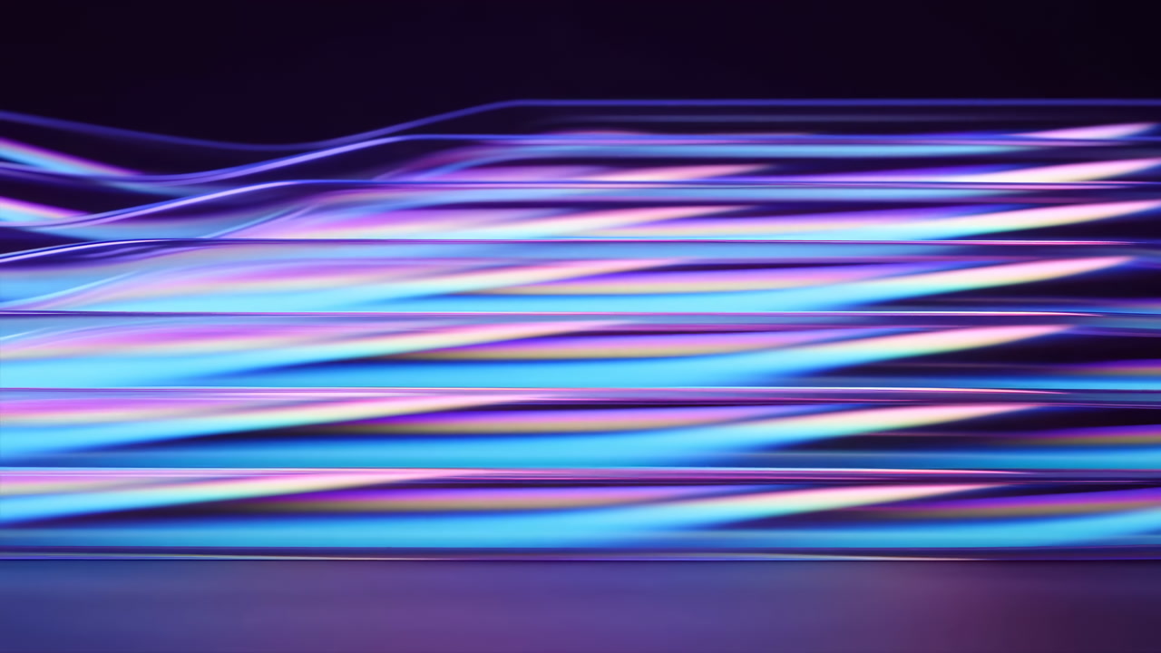Neon Light Ribbons In Motion, Sweeping Across Glossy Surface, Layered Cyan And Magenta Streaks Create Fluid