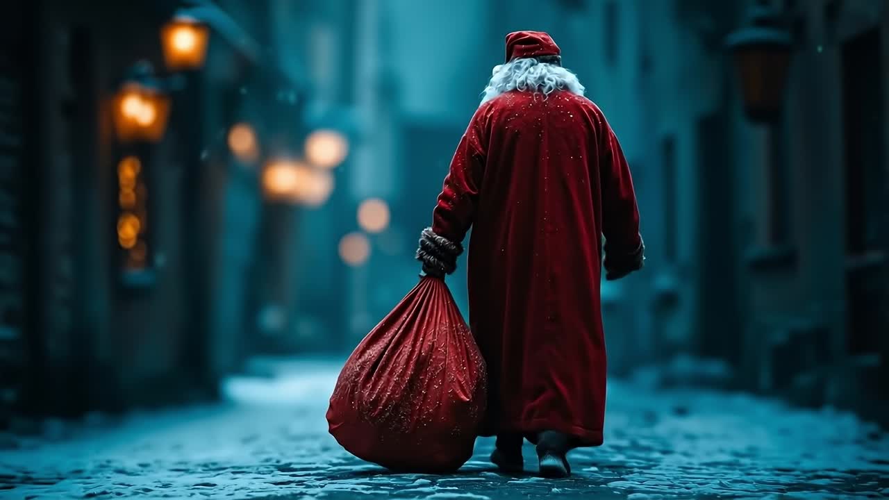 Un uomo con una tunica rossa cammina lungo una strada innevata portando una borsa rossa