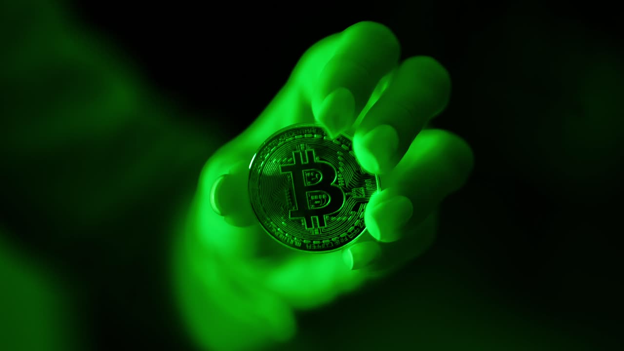Macro closeup of woman's fingers holding Bitcoin glowing in intense green light