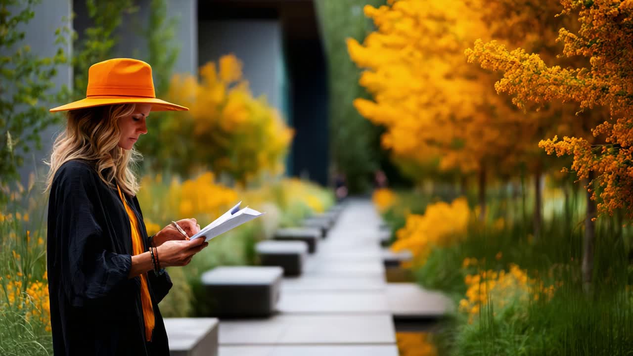 A contemplative woman in a vibrant orange hat stands in a picturesque garden, surrounded by floral hues of yellow and lush greenery, while reading notes in a serene setting
