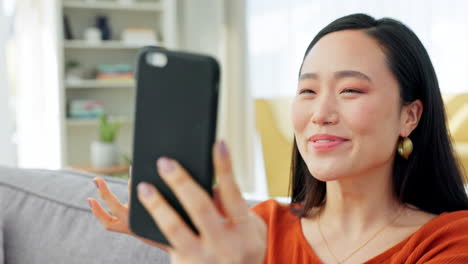 communication, phone and asian woman on video call