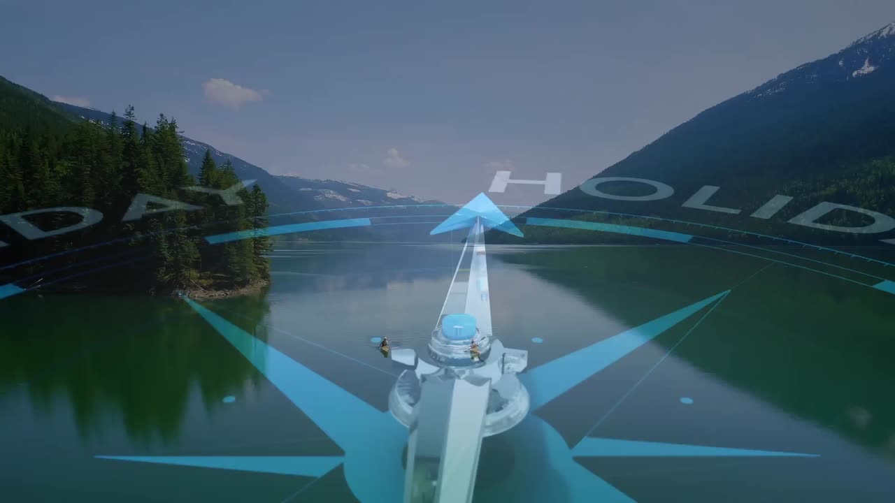 brújula de vacaciones sobre el lago y las montañas.