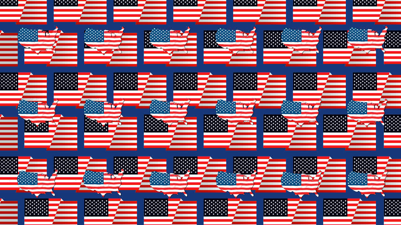 Animation of usa coloured with american flag over american flags