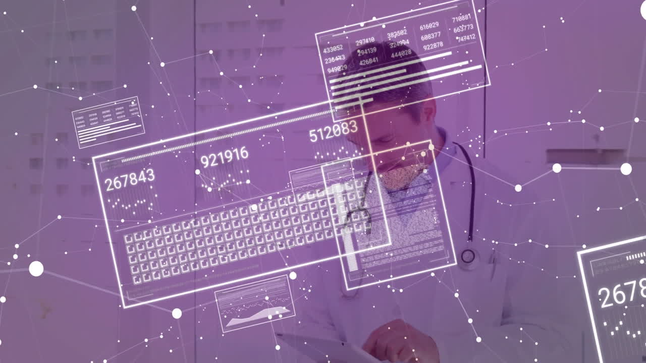 Male doctor tapping tablet in medical office, displaying floating numeric codes and line graphs