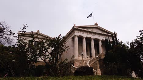 static shot of national library in athens, greece on cloudy day