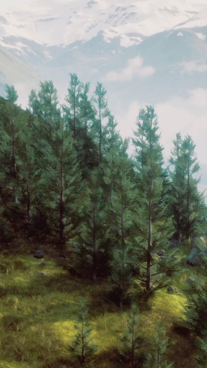 Mountains and lush greenery create a serene landscape under cloudy sky ...