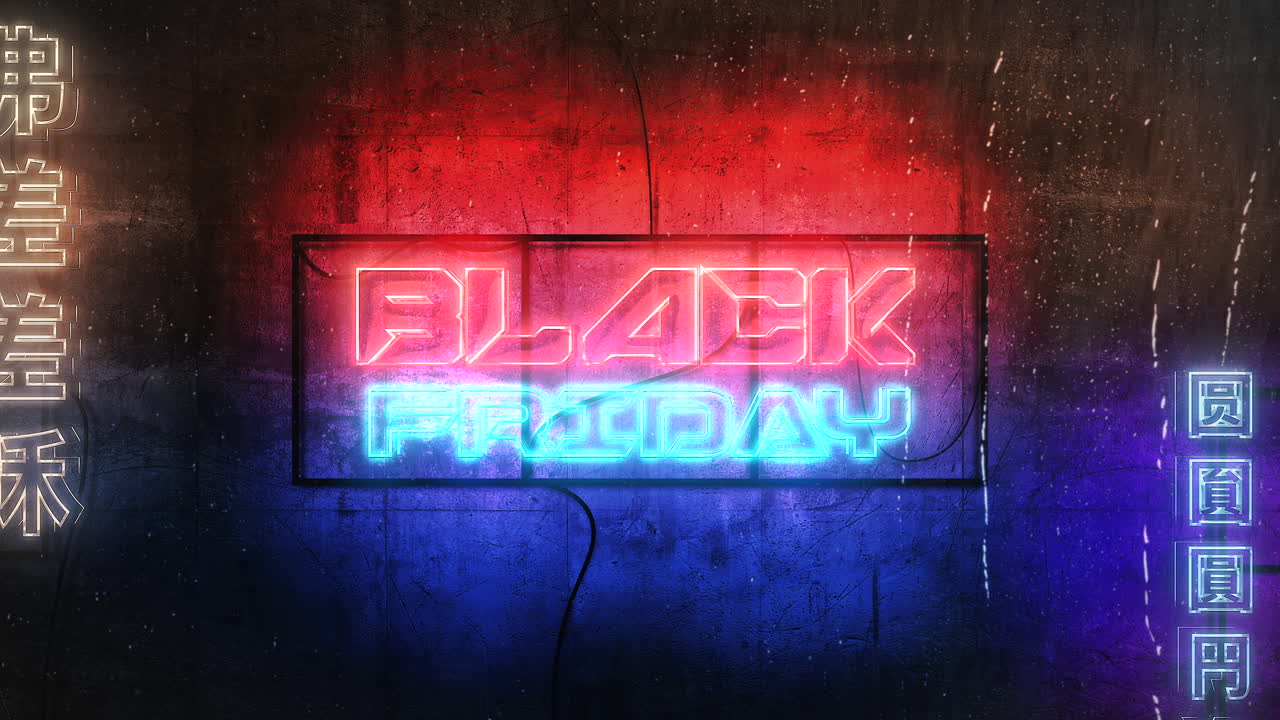 일본 도시의 네온 불빛이 있는 검은 금요일