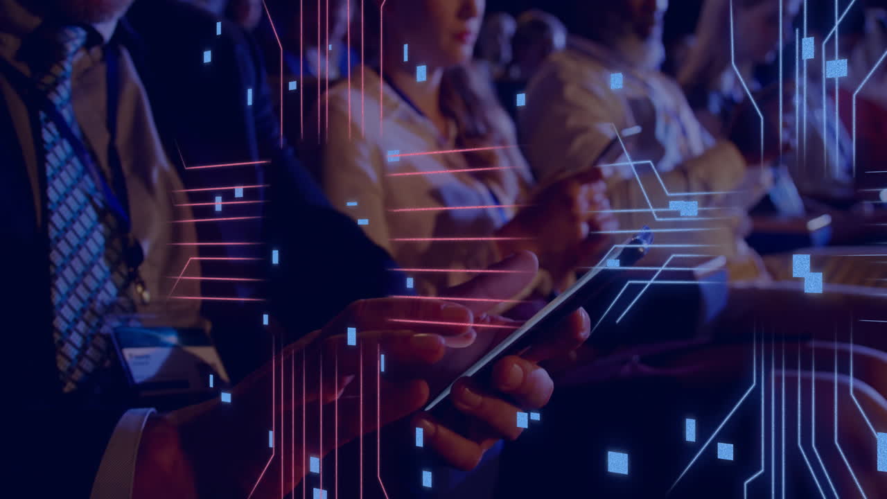 Animation of circuit board with data processing over diverse people with smartphones