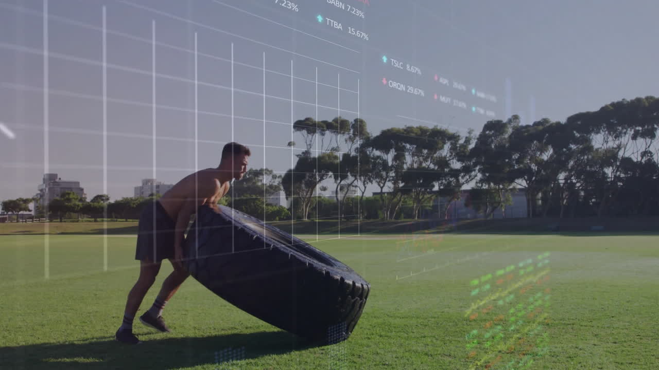 Man flipping tire on grass with financial data animation overlay
