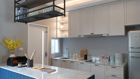 stylish blue counter kitchen and ding area decoration