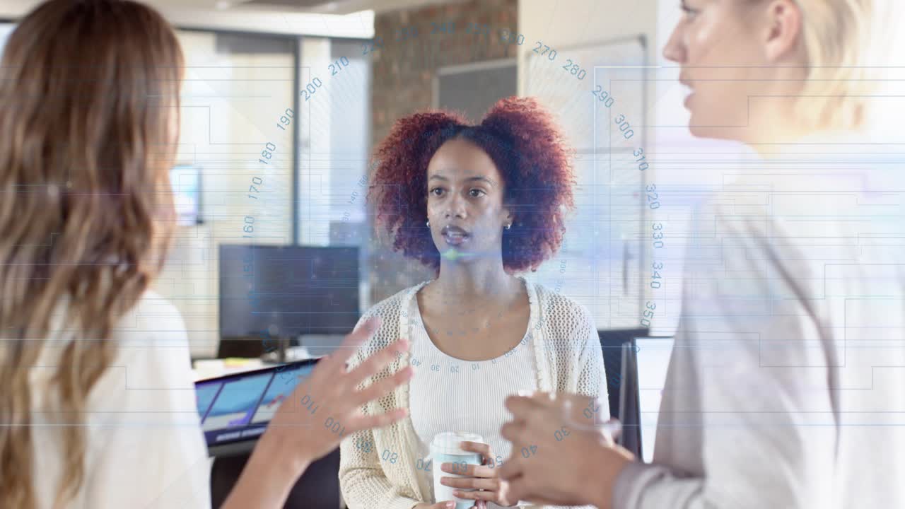 Peer showing tablet with overlay in business meeting, center woman holding cup preparing reply