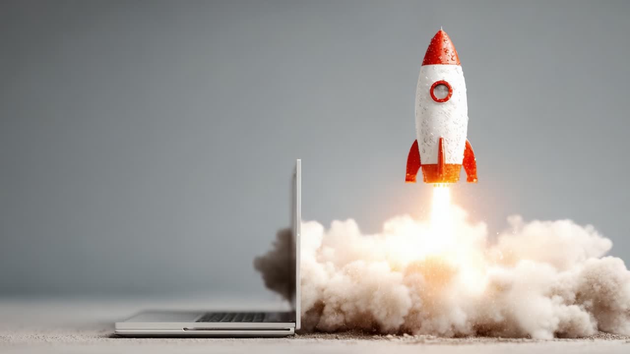 A captivating scene of a rocket launching from a laptop, symbolizing innovation and technological advancement, with clouds of smoke and sparks illustrating the powerful ascent
