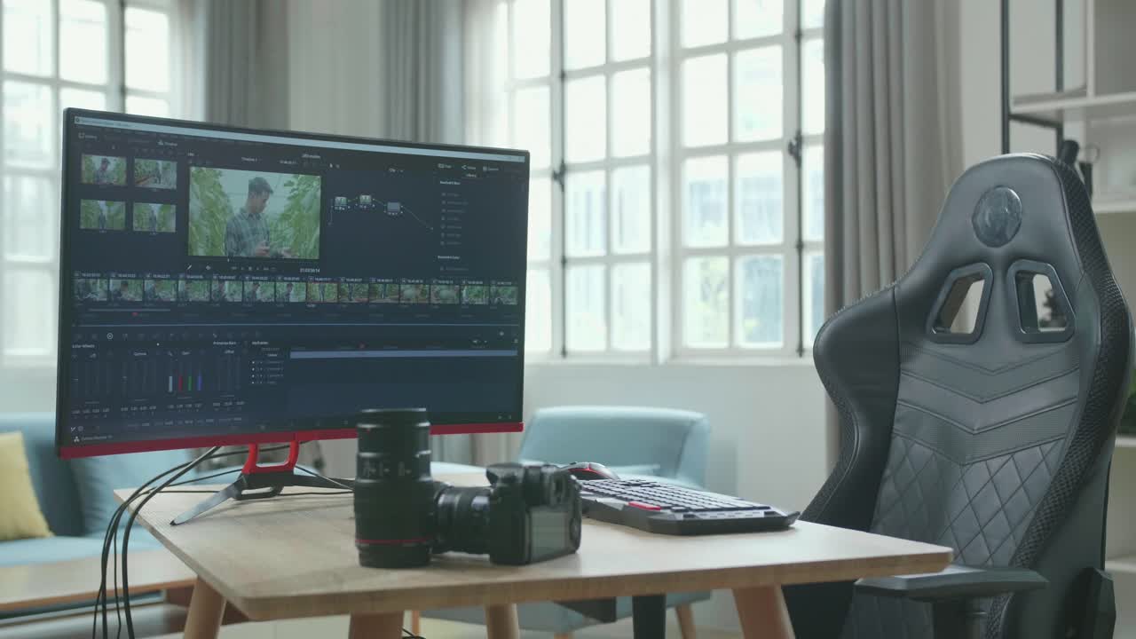 la computadora de escritorio que muestra la edición de video al lado del cuaderno y la cámara está en una mesa con una silla en la sala de trabajo en casa.