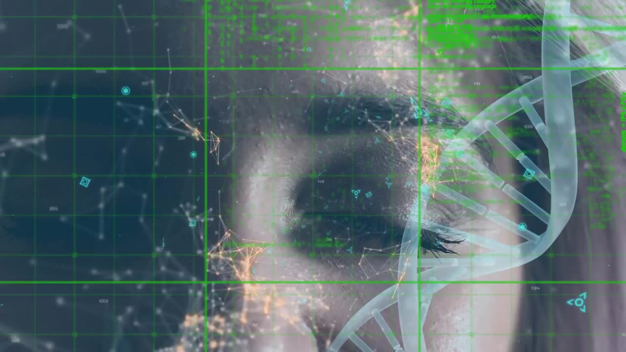 animación del procesamiento de datos sobre el giro de la cadena de adn de la cara femenina